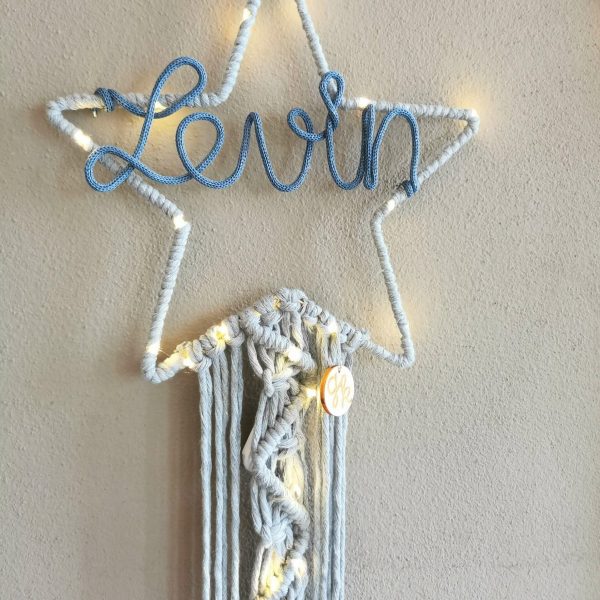 Stern Wandbehang Makramée mit Name Levin Geschenk zur Taufe